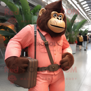 Peach Gorilla mascot costume character dressed with a Button-Up Shirt and Messenger bags