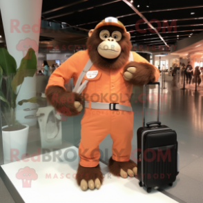 Peach Gorilla mascot costume character dressed with a Button-Up Shirt and Messenger bags