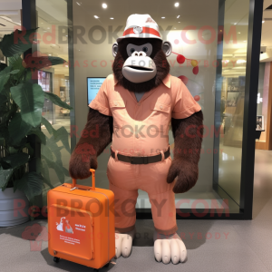 Peach Gorilla mascot costume character dressed with a Button-Up Shirt and Messenger bags