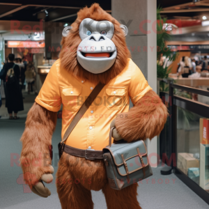 Peach Gorilla mascot costume character dressed with a Button-Up Shirt and Messenger bags