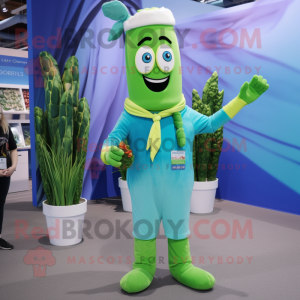 Cyan Asparagus mascot costume character dressed with a Trousers and Smartwatches