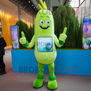 Cyan Asparagus mascot costume character dressed with a Trousers and Smartwatches