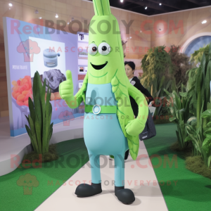 Cyan Asparagus mascot costume character dressed with a Trousers and Smartwatches