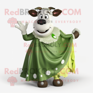 Olive Cow mascot costume character dressed with a Ball Gown and Scarves