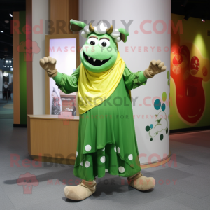 Olive Cow mascot costume character dressed with a Ball Gown and Scarves