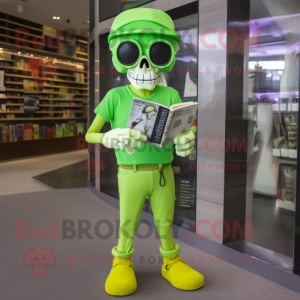 Lime Green Skull mascot costume character dressed with a Long Sleeve Tee and Reading glasses