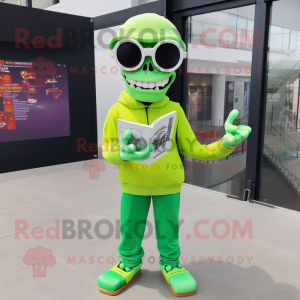 Lime Green Skull mascot costume character dressed with a Long Sleeve Tee and Reading glasses