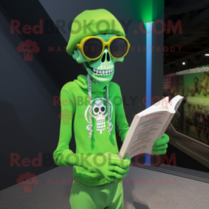 Lime Green Skull mascot costume character dressed with a Long Sleeve Tee and Reading glasses