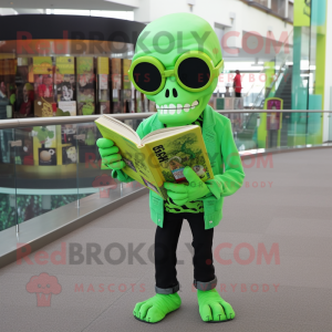 Lime Green Skull mascot costume character dressed with a Long Sleeve Tee and Reading glasses