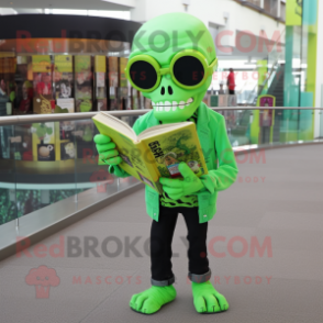 Lime Green Skull mascot costume character dressed with a Long Sleeve Tee and Reading glasses