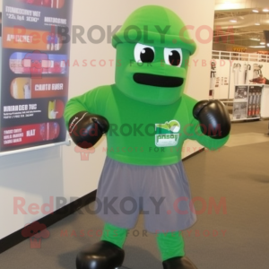 Forest Green Boxing Glove mascot costume character dressed with a Flannel Shirt and Hat pins