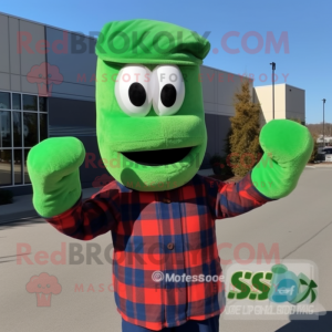 Forest Green Boxing Glove mascot costume character dressed with a Flannel Shirt and Hat pins