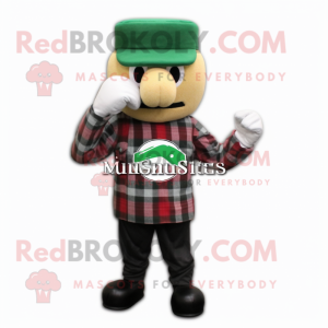 Forest Green Boxing Glove mascot costume character dressed with a Flannel Shirt and Hat pins