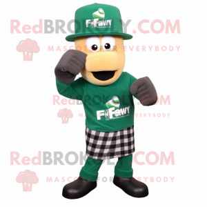 Forest Green Boxing Glove mascot costume character dressed with a Flannel Shirt and Hat pins