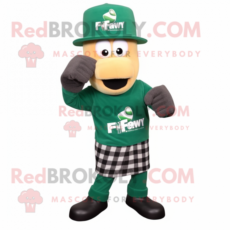 Forest Green Boxing Glove mascot costume character dressed with a Flannel Shirt and Hat pins Forest Green Boxing Glove mascot costume character dressed with a Flannel Shirt and Hat pins