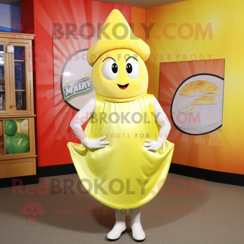 Lemon Yellow Clam Chowder mascot costume character dressed with a Wrap Skirt and Cufflinks