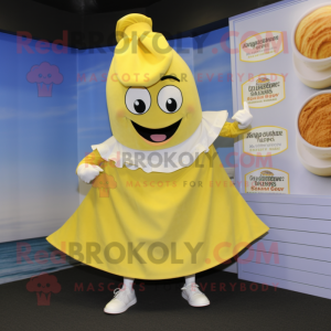 Lemon Yellow Clam Chowder mascot costume character dressed with a Wrap Skirt and Cufflinks