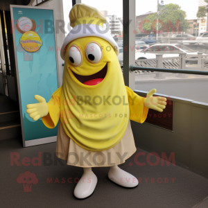 Lemon Yellow Clam Chowder mascot costume character dressed with a Wrap Skirt and Cufflinks
