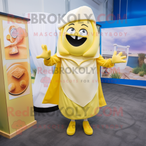 Lemon Yellow Clam Chowder mascot costume character dressed with a Wrap Skirt and Cufflinks
