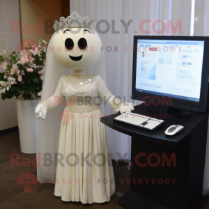 Cream Computer mascot costume character dressed with a Wedding Dress and Headbands