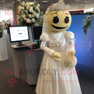 Cream Computer mascot costume character dressed with a Wedding Dress and Headbands