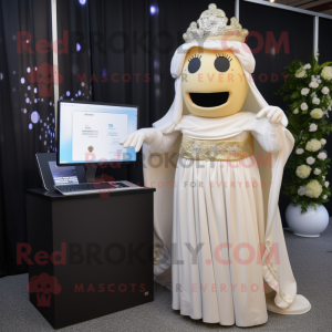 Cream Computer mascot costume character dressed with a Wedding Dress and Headbands