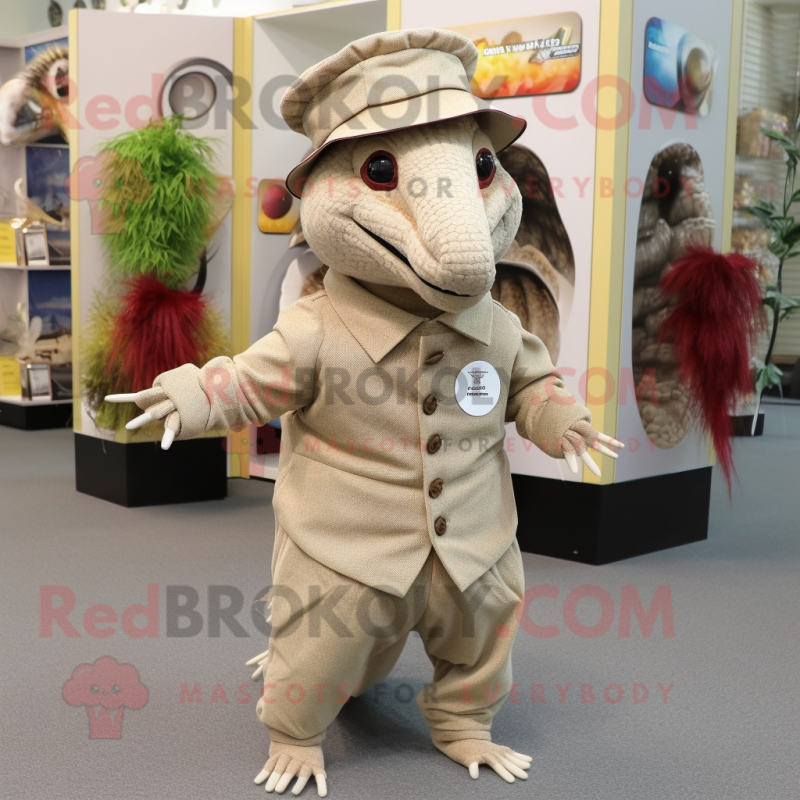 Beige Armadillo mascot costume character dressed with a Dress Pants and Hats