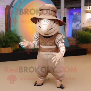 Beige Armadillo mascot costume character dressed with a Dress Pants and Hats