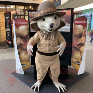 Beige Armadillo mascot costume character dressed with a Dress Pants and Hats