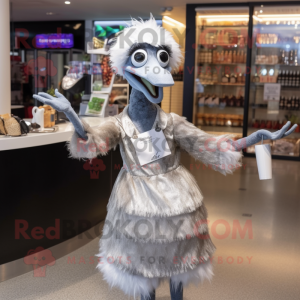 Silver Emu mascot costume character dressed with a Cocktail Dress and Tote bags