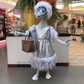 Silver Emu mascot costume character dressed with a Cocktail Dress and Tote bags
