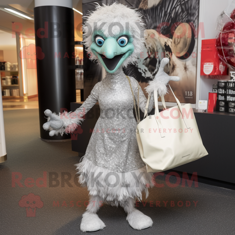 Silver Emu mascot costume character dressed with a Cocktail Dress and Tote bags Silver Emu mascot costume character dressed with a Cocktail Dress and Tote bags