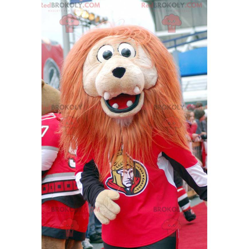 Beige lion mascot with a large orange mane - Redbrokoly.com