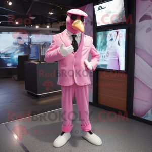 Pink Gull mascot costume character dressed with a Suit Pants and Watches