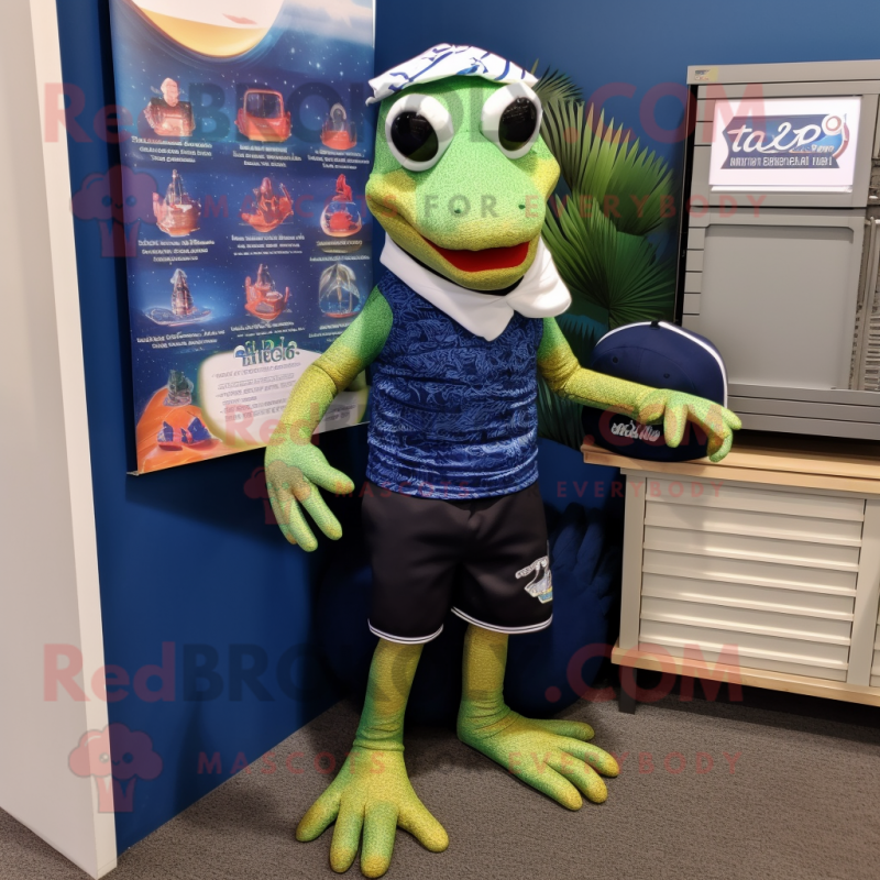 Navy Lizard mascot costume character dressed with a Board Shorts and Watches Navy Lizard mascot costume character dressed with a Board Shorts and Watches