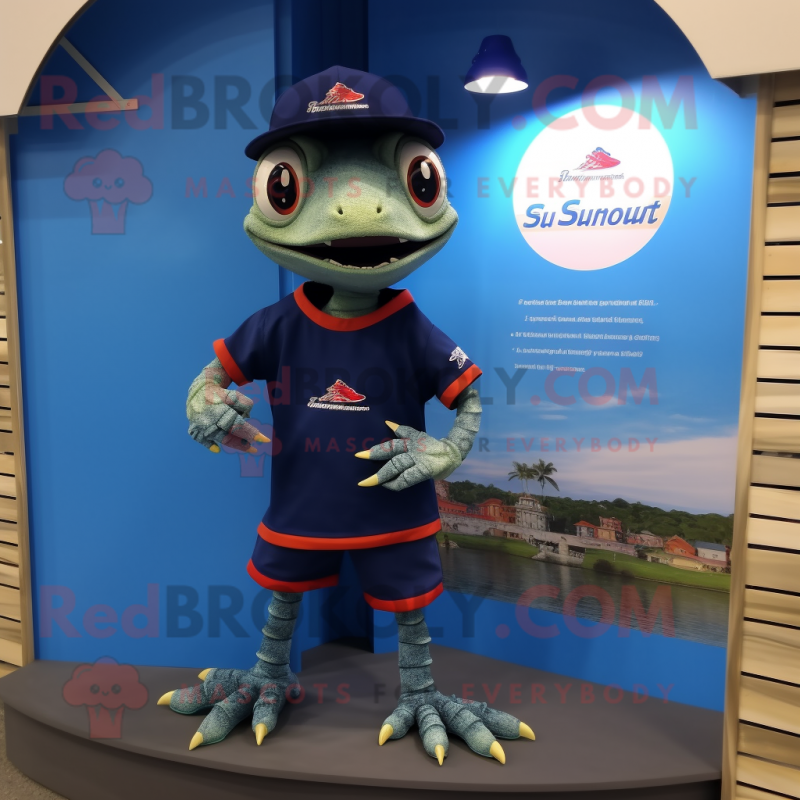 Navy Lizard mascot costume character dressed with a Board Shorts and Watches Navy Lizard mascot costume character dressed with a Board Shorts and Watches