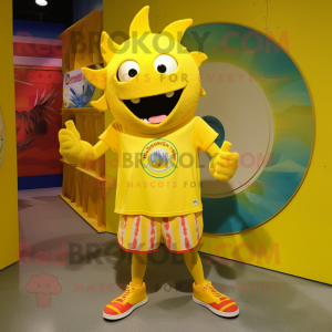 Yellow Plate Spinner mascot costume character dressed with a Bermuda Shorts and Hairpins