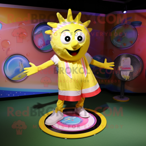 Yellow Plate Spinner mascot costume character dressed with a Bermuda Shorts and Hairpins