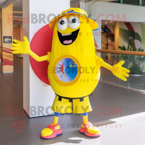 Yellow Plate Spinner mascot costume character dressed with a Bermuda Shorts and Hairpins