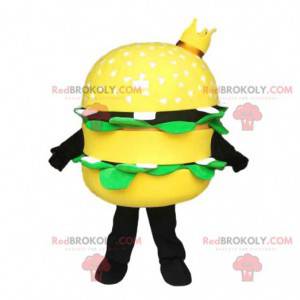 Mascotte gele hamburger met een kroon, fastfoodkostuum -