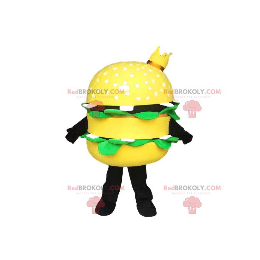 Mascotte de hamburger jaune avec une couronne, costume fast Mascotte de hamburger jaune avec une couronne, costume fast
