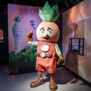 Rust Turnip mascot costume character dressed with a Romper and Bracelet watches