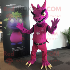 Magenta Chupacabra mascot costume character dressed with a Skinny Jeans and Suspenders