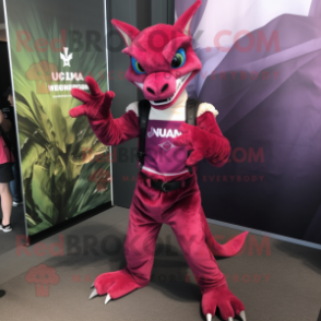 Magenta Chupacabra mascot costume character dressed with a Skinny Jeans and Suspenders