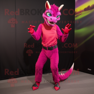 Magenta Chupacabra mascot costume character dressed with a Skinny Jeans and Suspenders