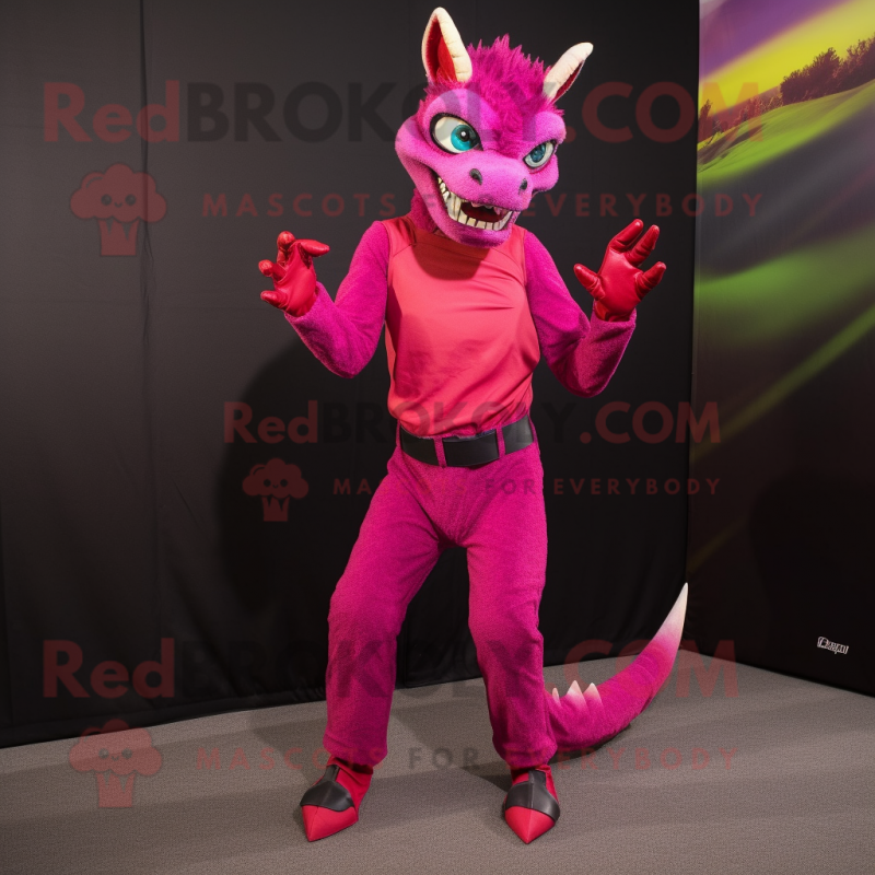 Magenta Chupacabra mascot costume character dressed with a Skinny Jeans and Suspenders Magenta Chupacabra mascot costume character dressed with a Skinny Jeans and Suspenders