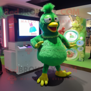 Green Hens mascot costume character dressed with a Mini Dress and Digital watches