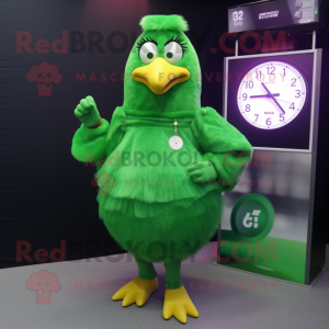 Green Hens mascot costume character dressed with a Mini Dress and Digital watches