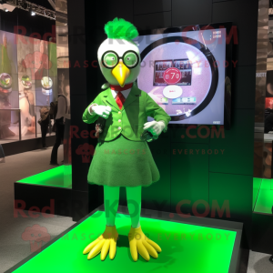 Green Hens mascot costume character dressed with a Mini Dress and Digital watches