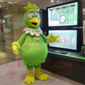 Green Hens mascot costume character dressed with a Mini Dress and Digital watches